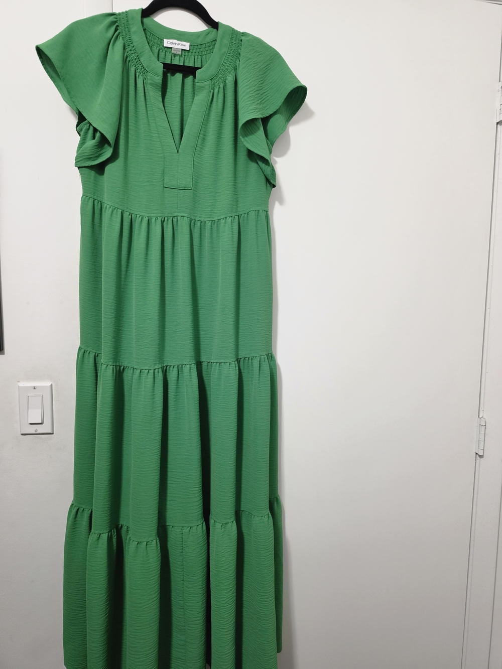 Calvin Klein Emerald Green Tiered Flutter-Sleeve Maxi Dress